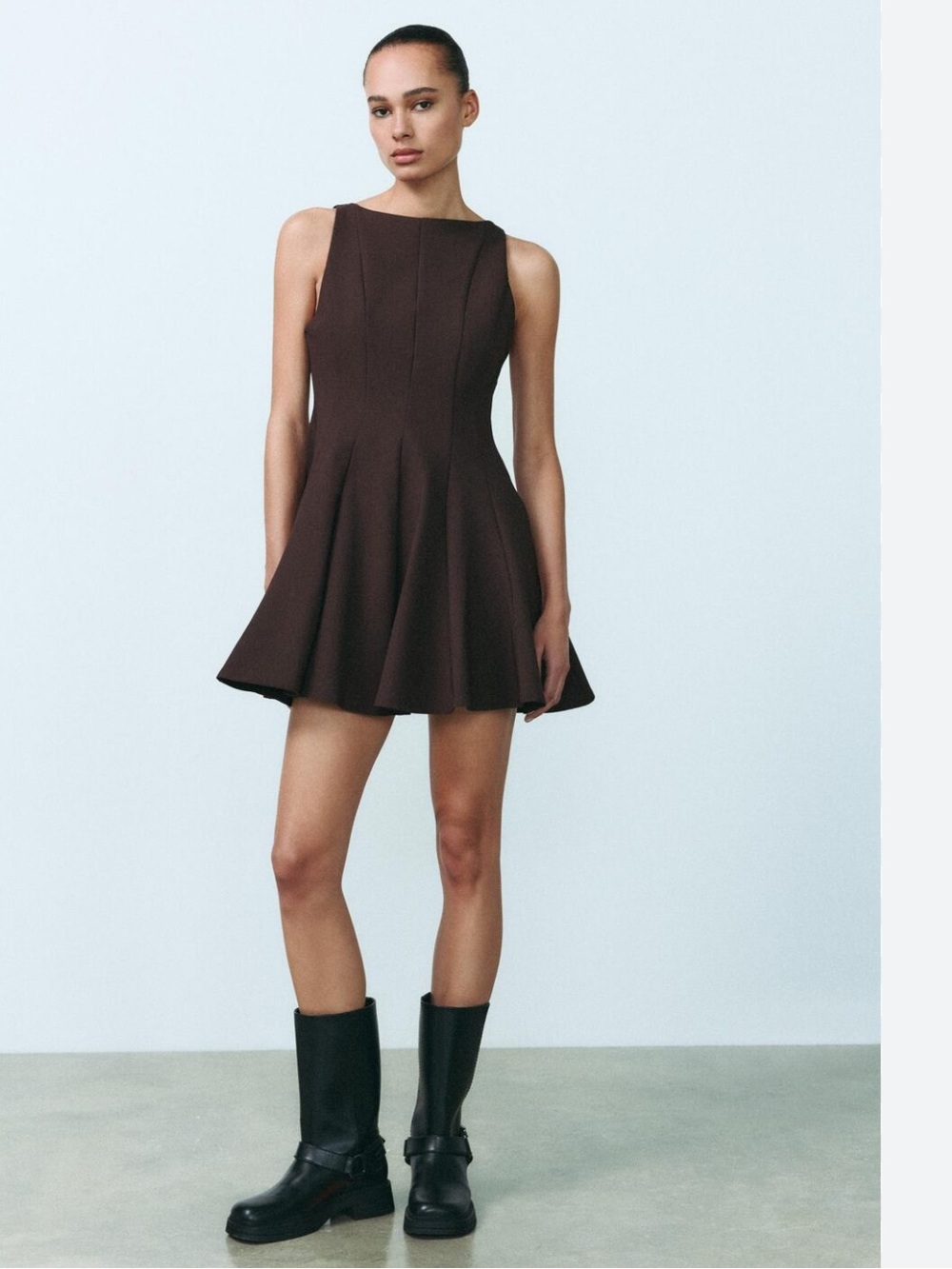 Zara Sleeveless Fit-and-Flare Mini Dress in Dark Brown